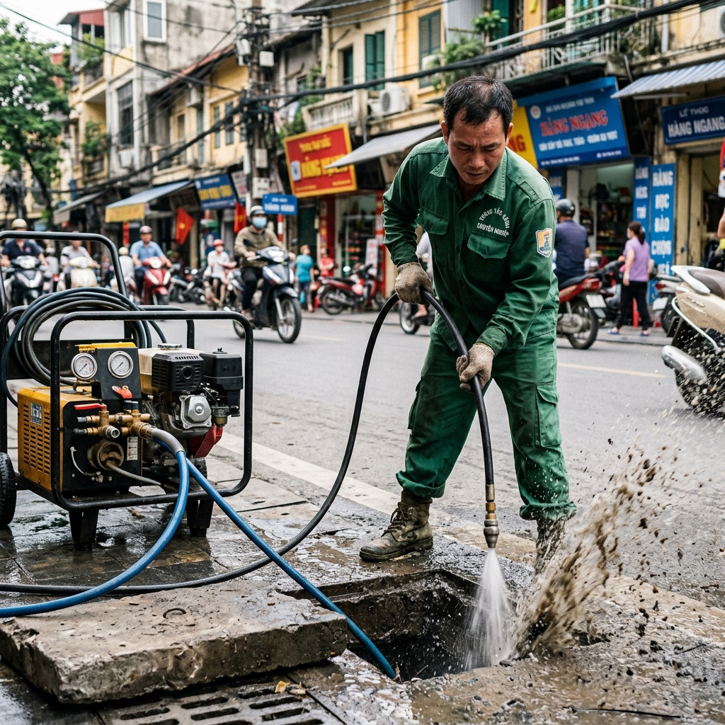 Drain unclogging technology using nano-spring machines that navigate deep into curved sections in Cua Nam old quarter - Guaranteed resolution in 15 minutes, prices starting from 86K